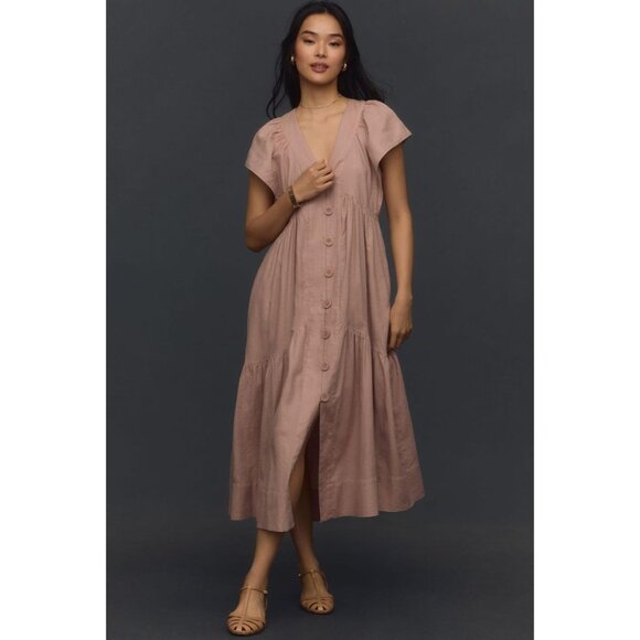 Anthropologie The Reneé Linen Button-Front Midi Dress in Mauve Size Medium Petit - Picture 1 of 5